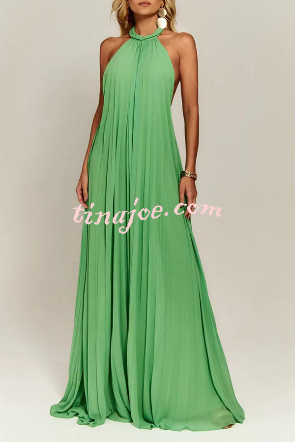 Gabie Chiffon Pleated Braided Halter Neck Backless A-line Maxi Dress