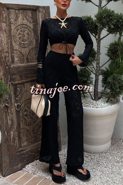 Solid Color Hollow Short Long-sleeved Top and Casual Stretch Wide-leg Pants Knitted Set