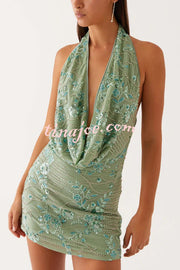 Looking Amazing Sequin Beaded Material Cowl Neck Backless Mini Dress