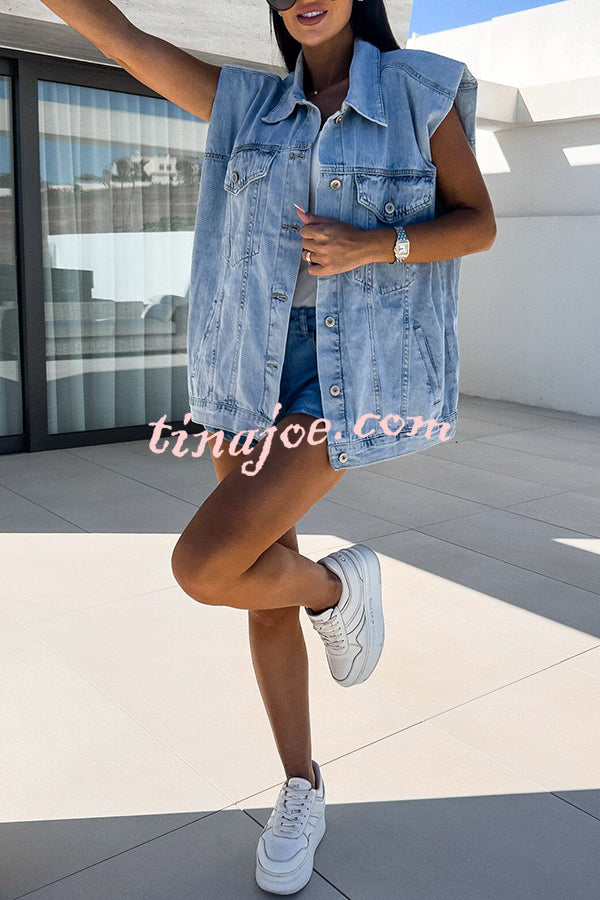 Overall Cool Button Lapel Pockets Denim Jacket