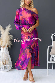 Winona Satin Floral Print One Shoulder Balloon Sleeve Tie-up Maxi Dress