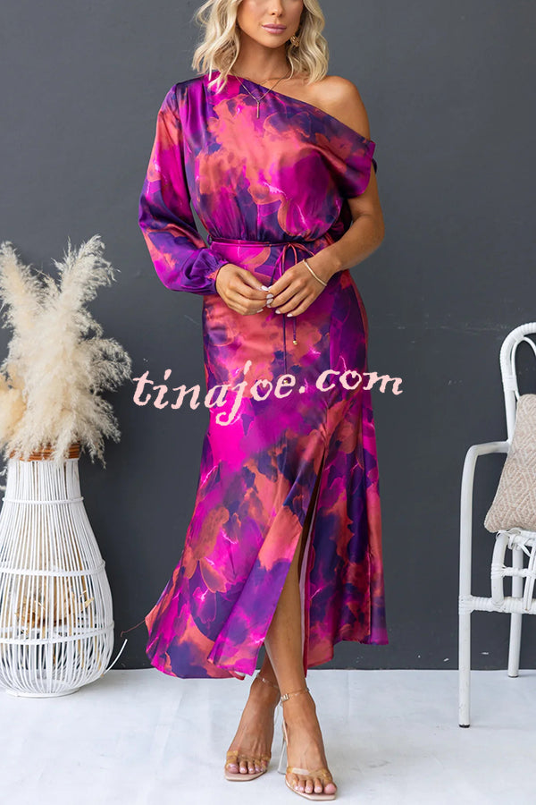 Winona Satin Floral Print One Shoulder Balloon Sleeve Tie-up Maxi Dress