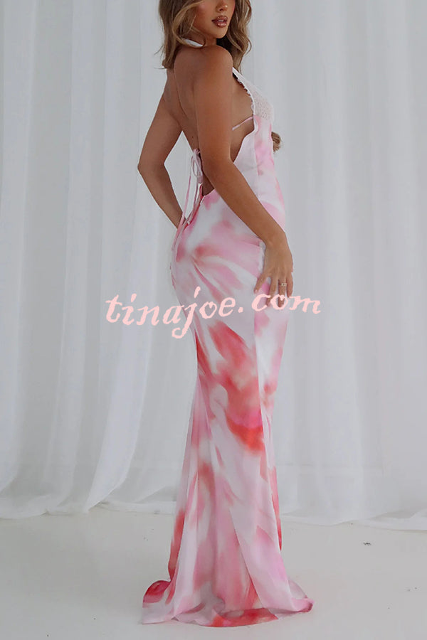 Fashion Printed Halter Neck Backless Lace-Up Sexy Slim Maxi Dress