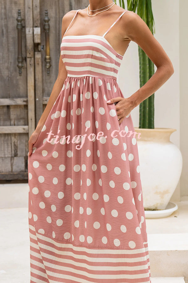 Striped Polka-dot Print Sling Pleated Open-back Maxi Dress