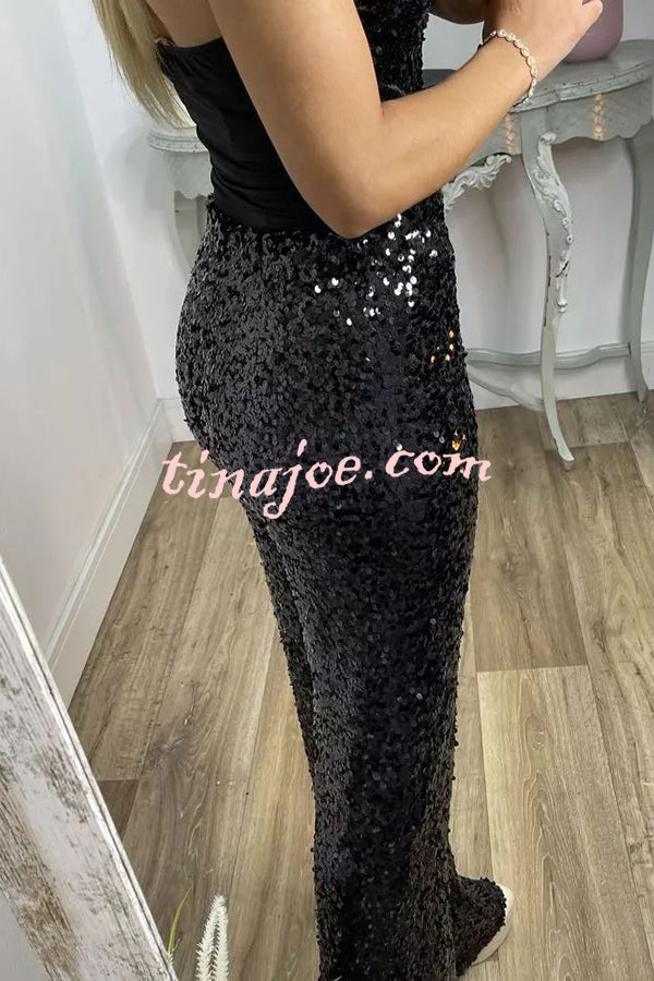 Glitzy Glamour Sequin High Rise Elastic Waist Wide Leg Pants