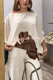 Floral Print Batwing Sleeves Loose-fitting Top and Relaxed Pocket Straight Pants Set