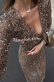 Fashion Sequined Hollow V-neck Long-sleeved Holiday Midi Dress