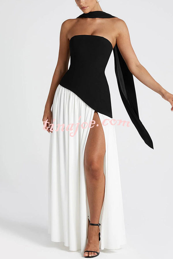 Elegant Off Shopulder Chiffon Pleated Hem Scarf Slit Maxi Dress