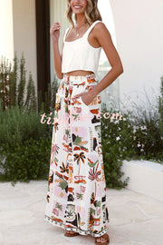 Holiday Style Holiday Print Casual Short-sleeved Shirt and Elastic Waist Loose Pocket Wide-leg Pants Set