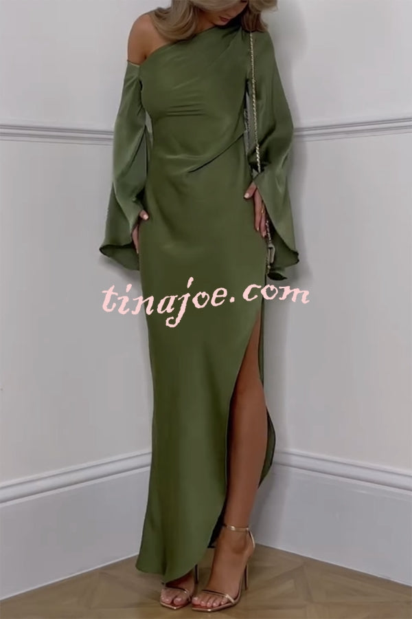 Zayla Satin Asymmetrical One Shoulder Bell Sleeve Slit Maxi Dress