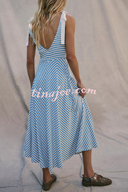Striped Print V-Neck Lace-Up Backless Holiday Midi Dress