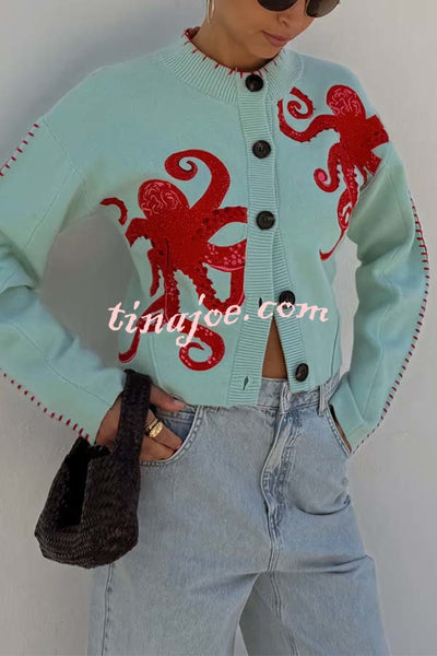 Coastal Fashion Knit Octopus Graphic Contrast Piping Button Up Loose Cardigan