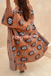 Mediterranean Art Knit Unique Sun Vortex Print Bell Sleeve Long Cardigan