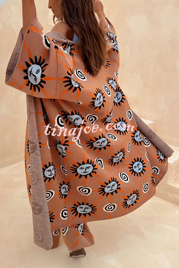 Mediterranean Art Knit Unique Sun Vortex Print Bell Sleeve Long Cardigan