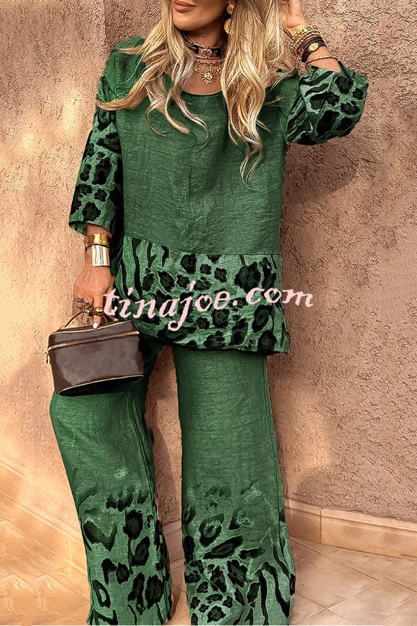 Leopard Print Crew Neck Loose Top and Elastic Waist Casual Wide-leg Pants Set