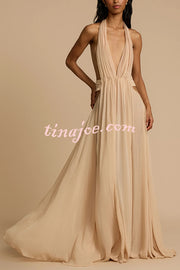 Ethereal Moment Tulle Cutout Ruched Waist Backless Halter Maxi Dress