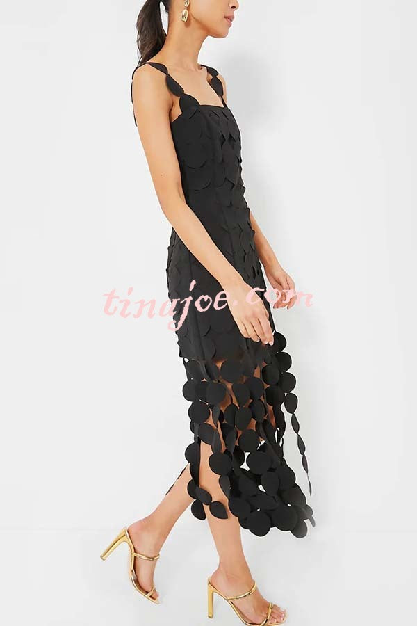 Best Dance Laser Cut Circle Embroidery Square Neck Tassle Trim Midi Dress
