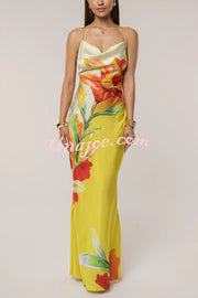 Luisa Satin Floral Print Cowl Neck Sexy Open Back Tie-up Maxi Dress