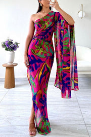 Colorful Printed One-sleeve Slim-fitting Slit Maxi Dress