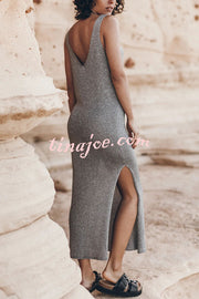 Vacation Breeze Knit Slit Loose Tank Midi Dress