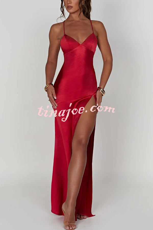 Satin Solid Color Sexy Backless Lace Up High Slit Maxi Dress