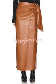 Snappy Casual Slay Faux Leather High Rise Wrap Tie-up Stretch Maxi Skirt