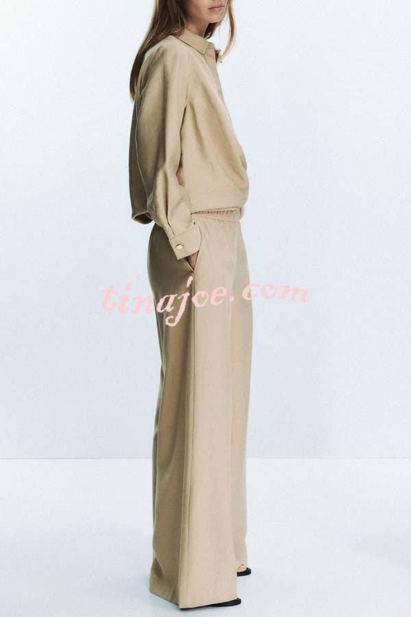 Juliette Cross-front Button Up Long Sleeve Shirt and Elastic Waist Pocket Loose Pants Set