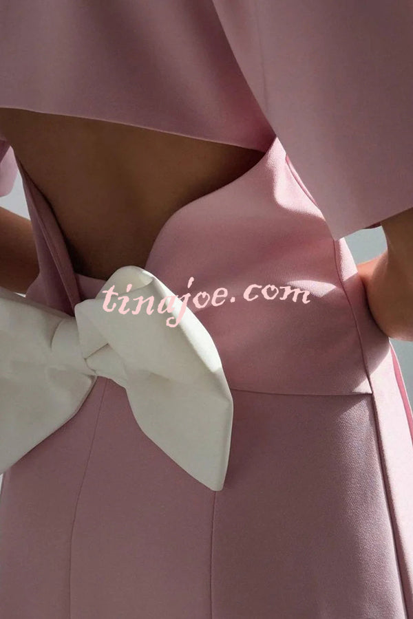 Seasonal Cheer Pearl Button Puff Sleeve Backless Bow Lapel Mini Dress