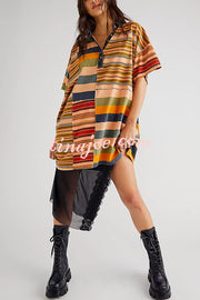 Contrast Striped Patchwork Denim Lapel Loose Casual Mini Dress