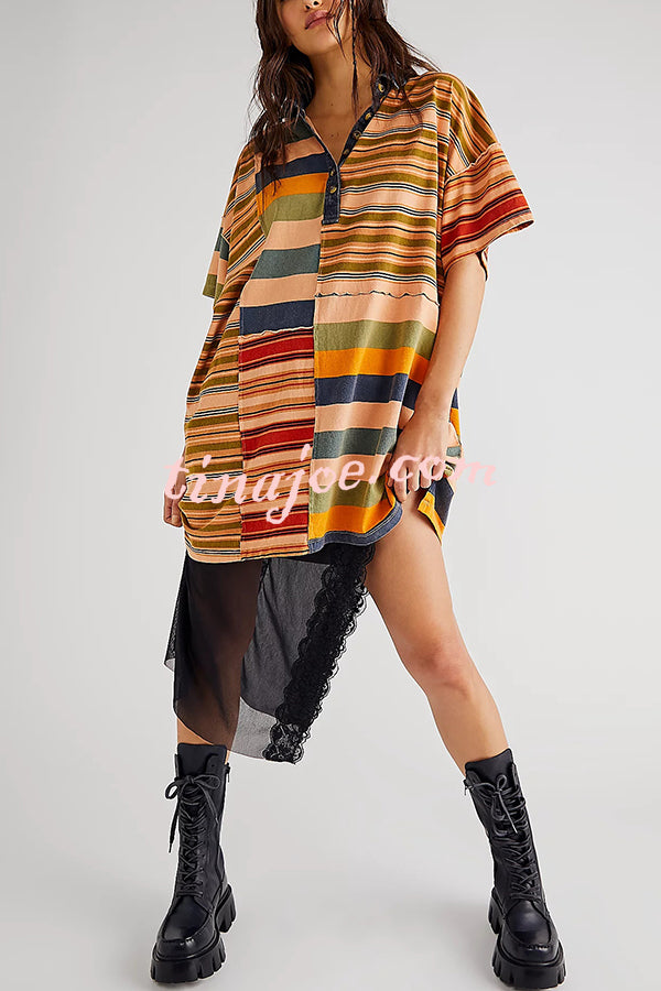 Contrast Striped Patchwork Denim Lapel Loose Casual Mini Dress