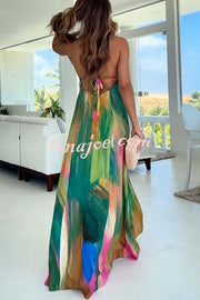 Andie Splash Ink Printed Cutout Back Tie-up Slit Vacation Maxi Dress