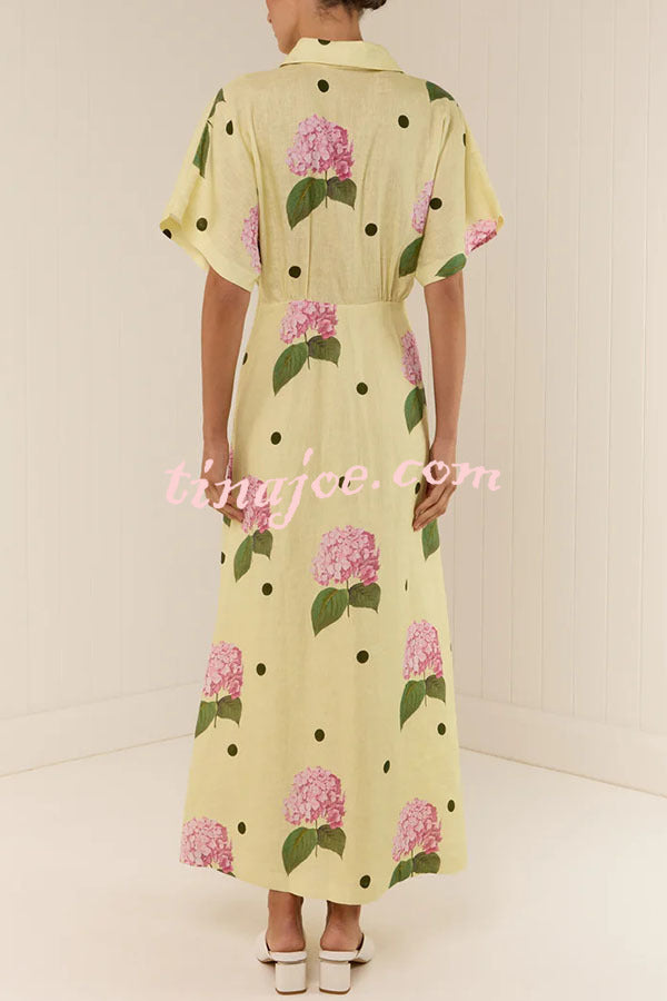 Jasmine Linen Blend Floral Polka Dot Wide Sleeve Shirt Maxi Dress