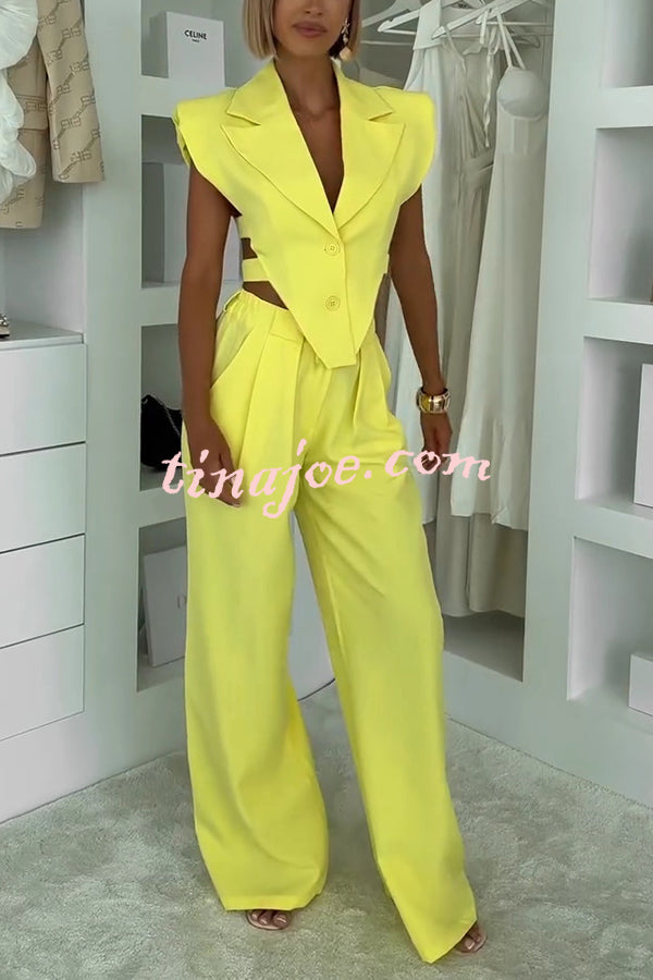 Fashion Style Lapel Waist-baring Irregular Vest and  Elastic Waist Pocket Loose Pants Set