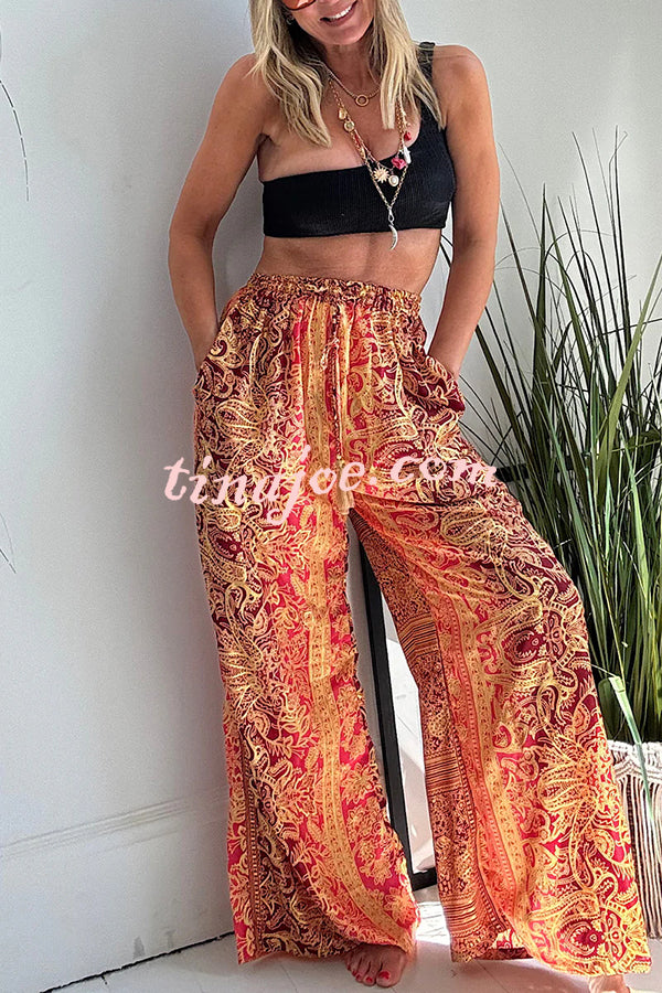 Vintage Boho Ethnic Print High Rise Elastic Drawstring Waist Pocketed Loose Pants