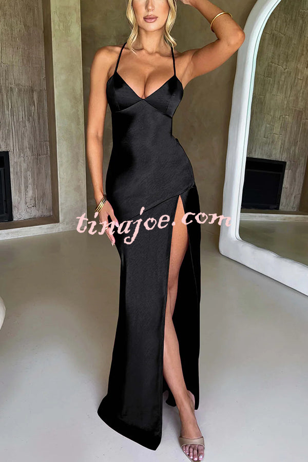 Satin Solid Color Sexy Backless Lace Up High Slit Maxi Dress