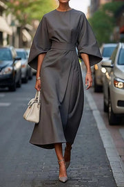 Solid Color Batwing Sleeve Waisted Casual Midi Dress