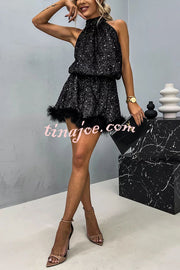 It's Time To Dance Sequin Feather Trim Halter Babydoll Mini Dress
