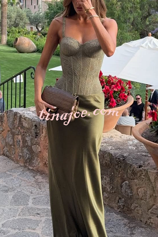 In A Fairytale Lace Satin Mid Rise Drape Maxi Skirt