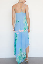 Floral Print Irregular Hem Open Back Strap Maxi Dress