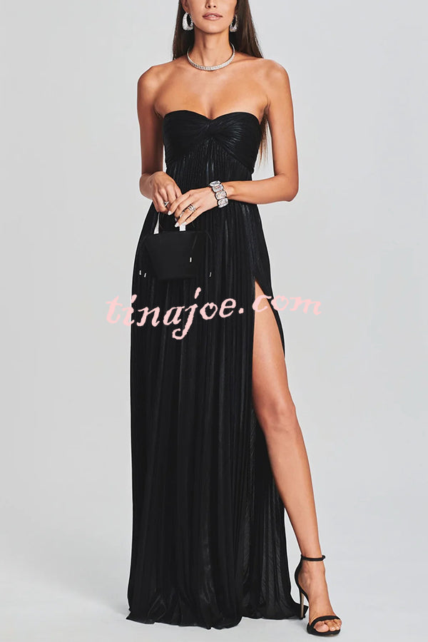 Metallic Sexy Tube Top Pleated High Slit Maxi Dress