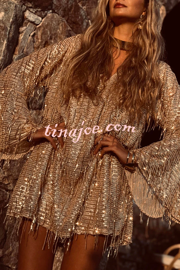 Flowing Shimmer Sequin Tassel Fabric Bell Sleeve Back Tie-up Loose Mini Dress