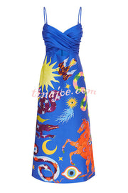 Main Stage Unique Printed Ruched Cross Over Detail Strap Midi Dress