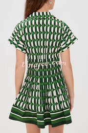Nash Geometric Tile Print Wide Sleeve Button Up Pocketed Mini Dress