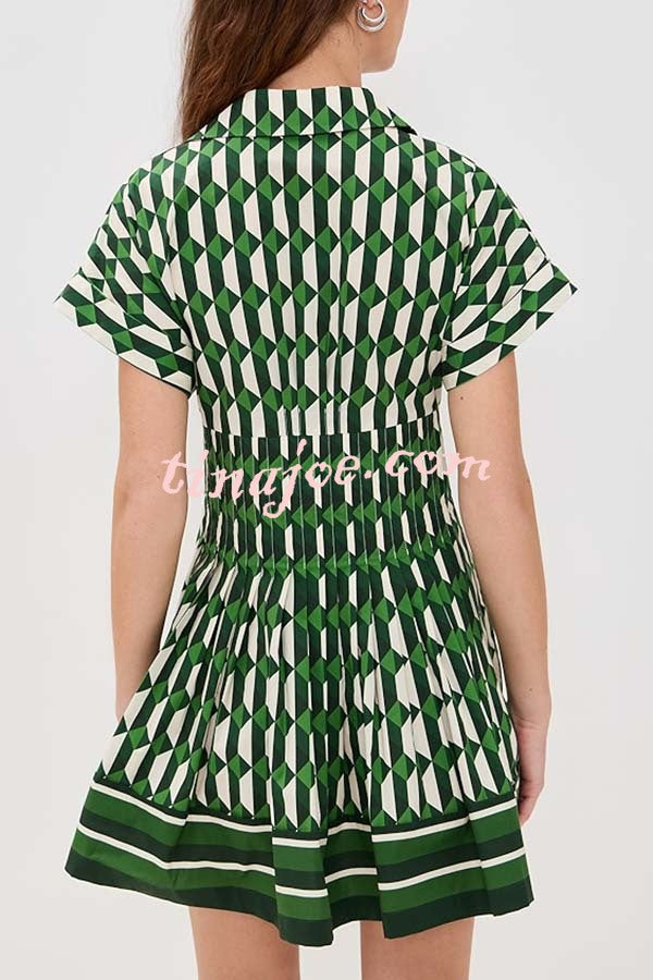 Nash Geometric Tile Print Wide Sleeve Button Up Pocketed Mini Dress
