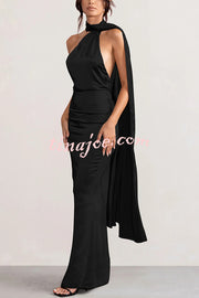 VIP Party Satin Asymmetric Scarf Neck Backless Maxi Dress