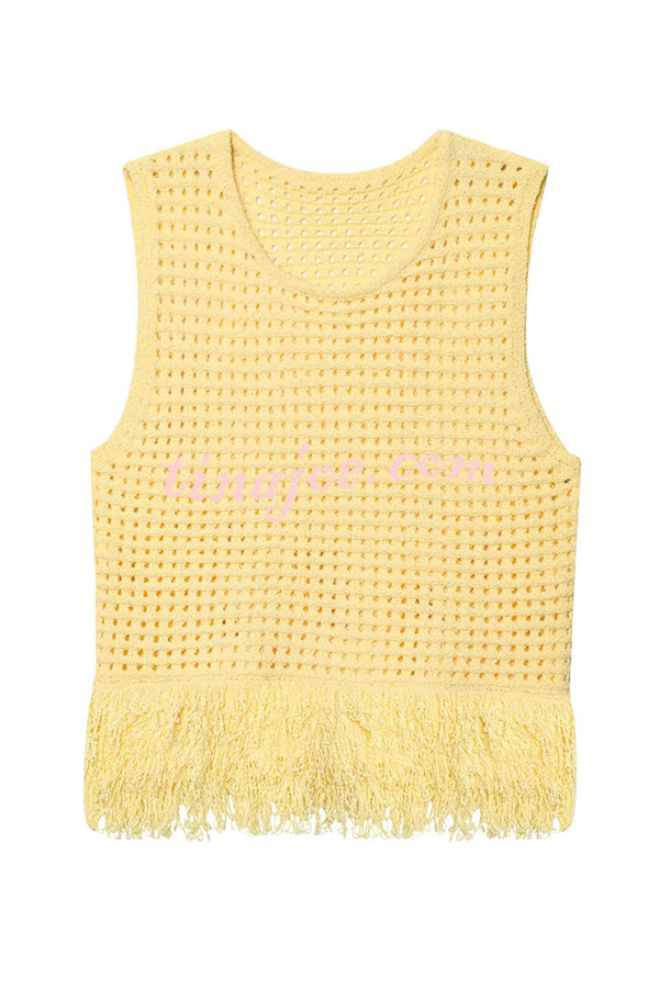 Solid Color Round Neck Sleeveless Hollow Tassel Loose Vest