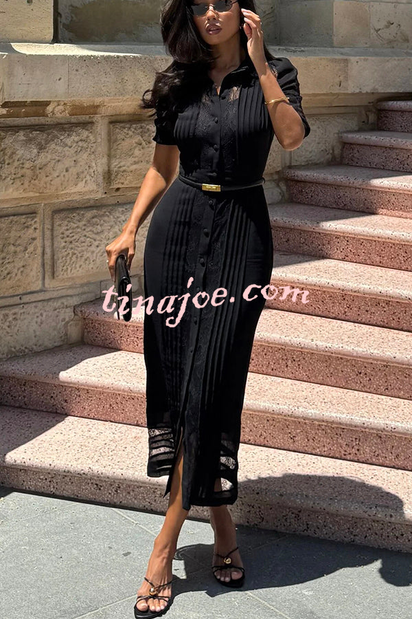 Lysette Lace Trim Pleated Button Up Short Sleeve Shirt Midi Dress