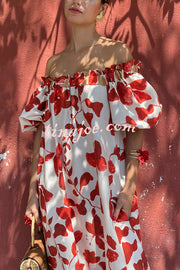 Floral Print Off-The-Shoulder Puff Sleeve Loose Holiday Maxi Dress