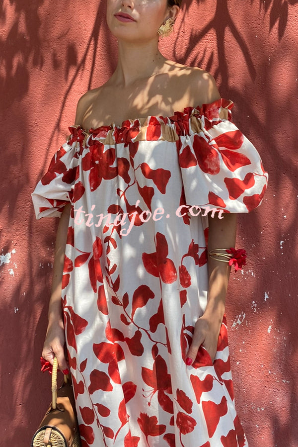 Floral Print Off-The-Shoulder Puff Sleeve Loose Holiday Maxi Dress