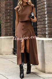 Solid Color Crew Neck Crop Top and High Waist Irregular Maxi Skirt Set